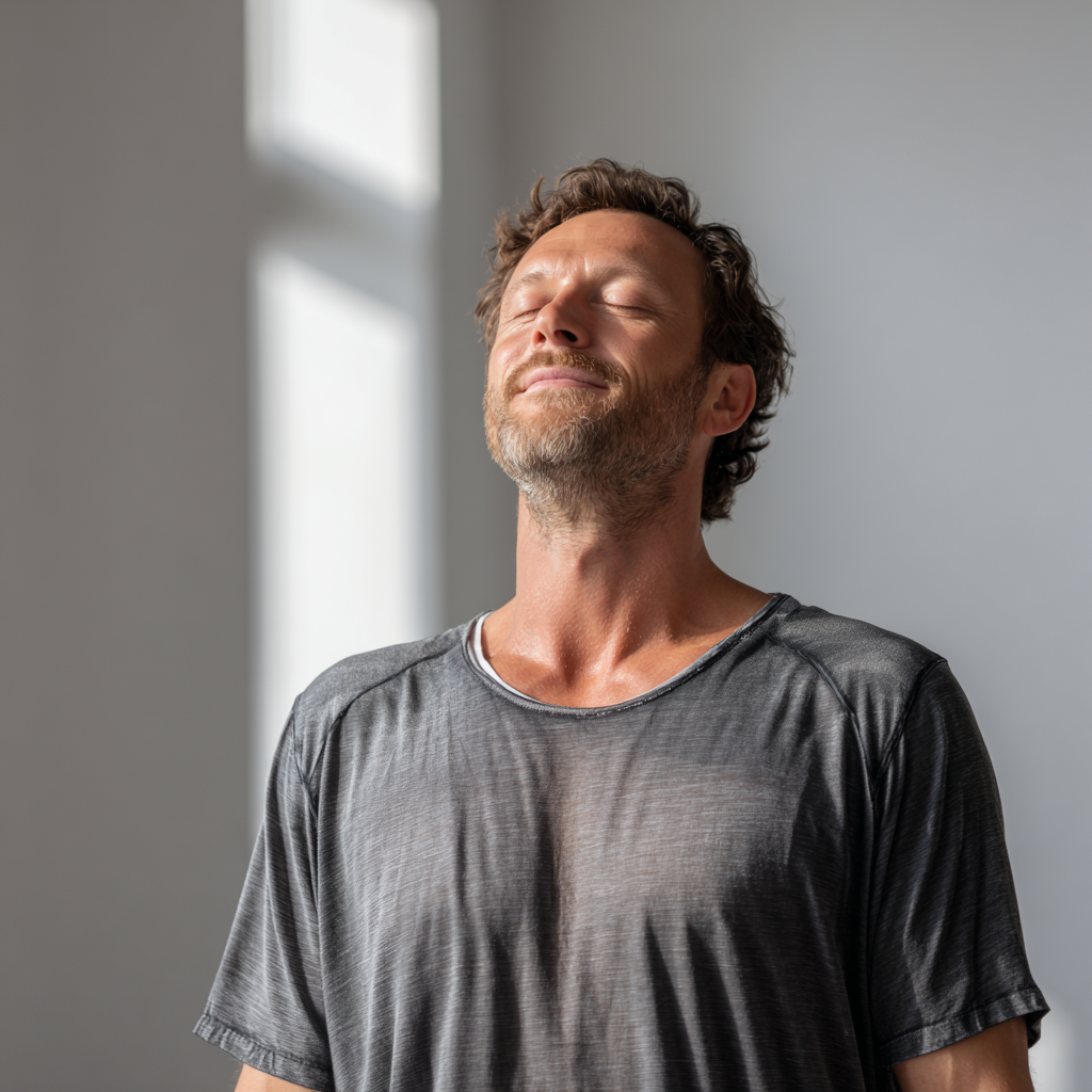 Smiling European woman in her 30s practicing yoga pose outdoors in natural lighting, wearing comfortable yoga clothes, peaceful expression, realistic photography style