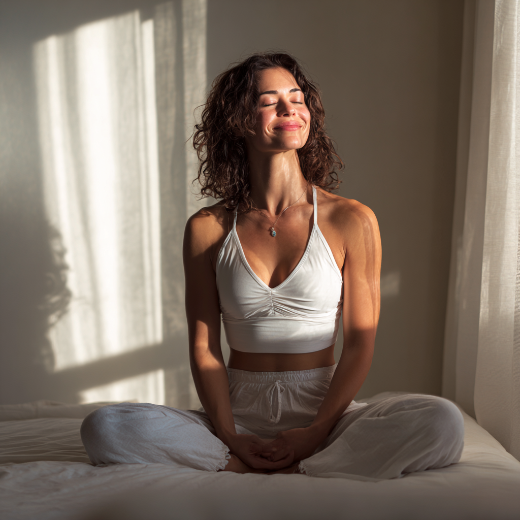 Calm European woman in her 20s meditating in lotus position, eyes closed, peaceful expression, morning sunlight, natural indoor setting, realistic photography style